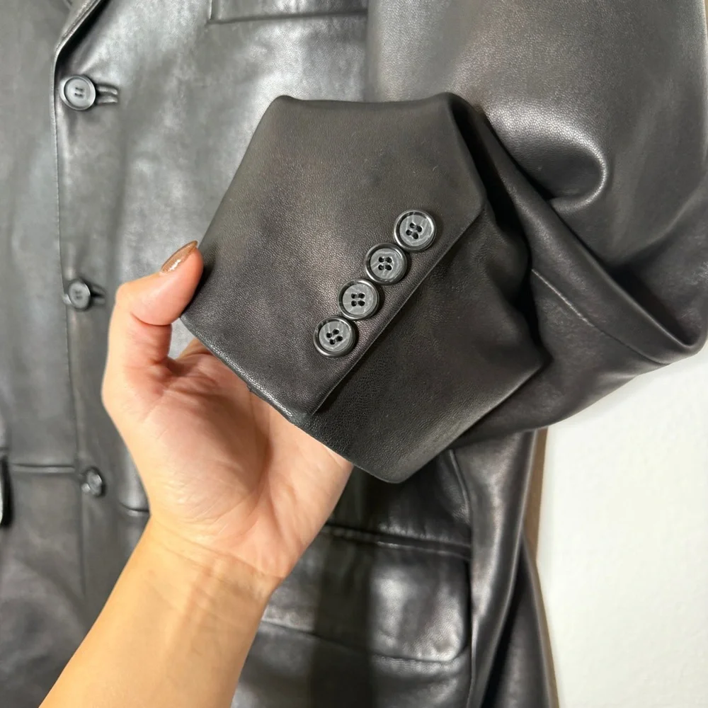Nordstrom Black Lamb Leather Blazer Italian Made Three Button Jacket Size 46R